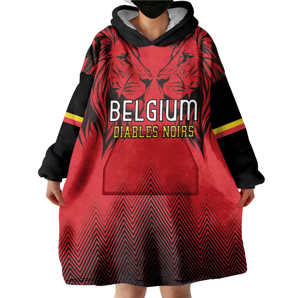 Custom Belgium Rugby Wearable Blanket Hoodie Diables Noirs Lion Head - Wonder Print Shop