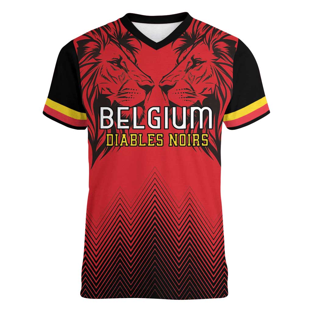 Custom Belgium Rugby Women V-Neck T-Shirt Diables Noirs Lion Head - Wonder Print Shop