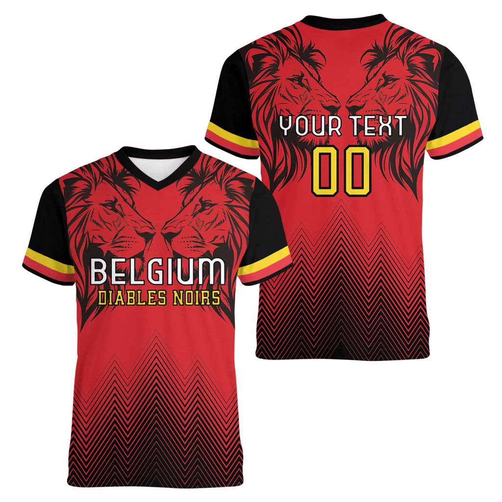 Custom Belgium Rugby Women V-Neck T-Shirt Diables Noirs Lion Head - Wonder Print Shop