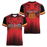 Custom Belgium Rugby Women V-Neck T-Shirt Diables Noirs Lion Head - Wonder Print Shop