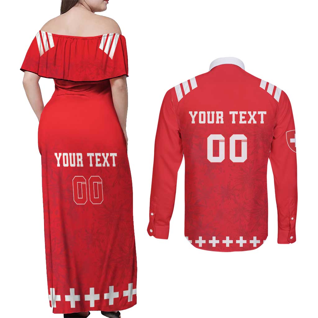Custom Switzerland Rugby Couples Matching Off Shoulder Maxi Dress and Long Sleeve Button Shirt Edelweis Pattern