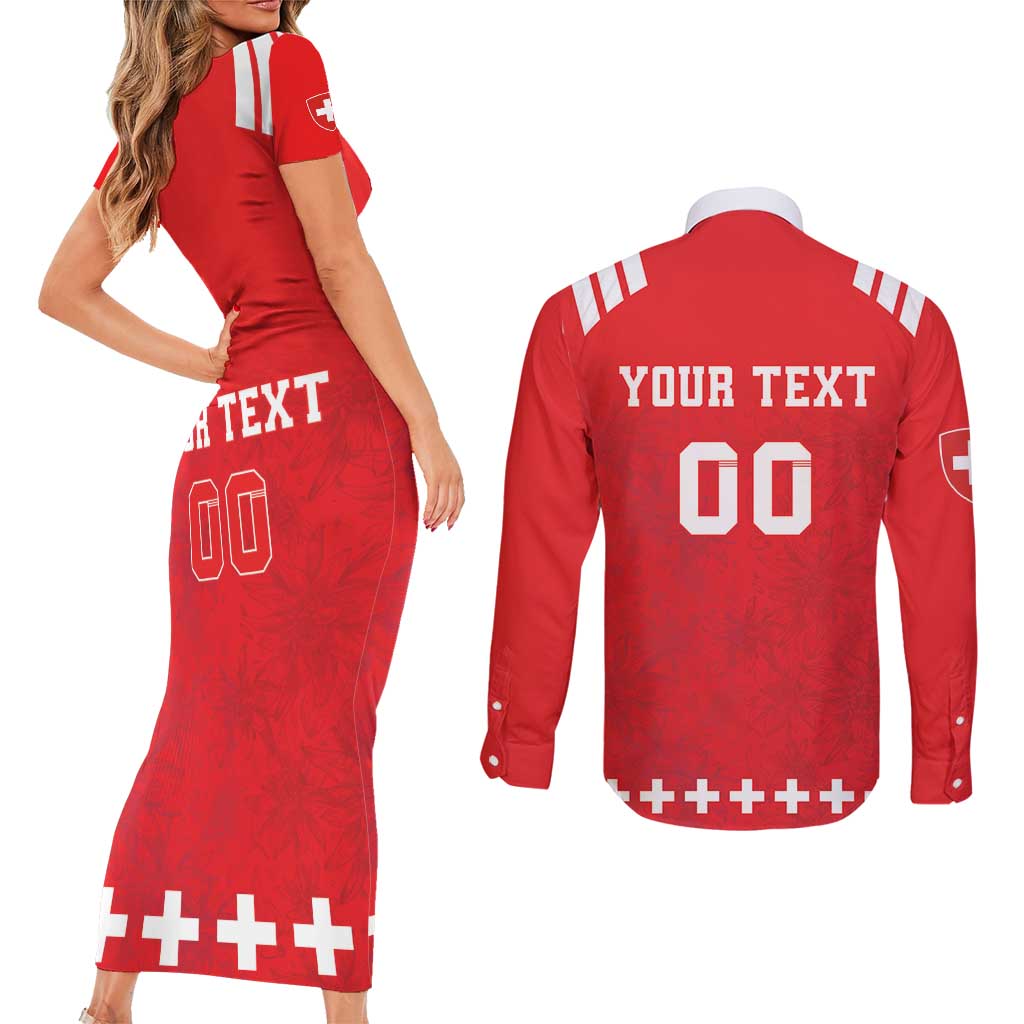 Custom Switzerland Rugby Couples Matching Short Sleeve Bodycon Dress and Long Sleeve Button Shirt Edelweis Pattern
