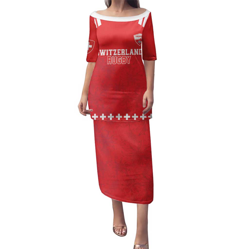 Custom Switzerland Rugby Family Matching Puletasi and Hawaiian Shirt Edelweis Pattern