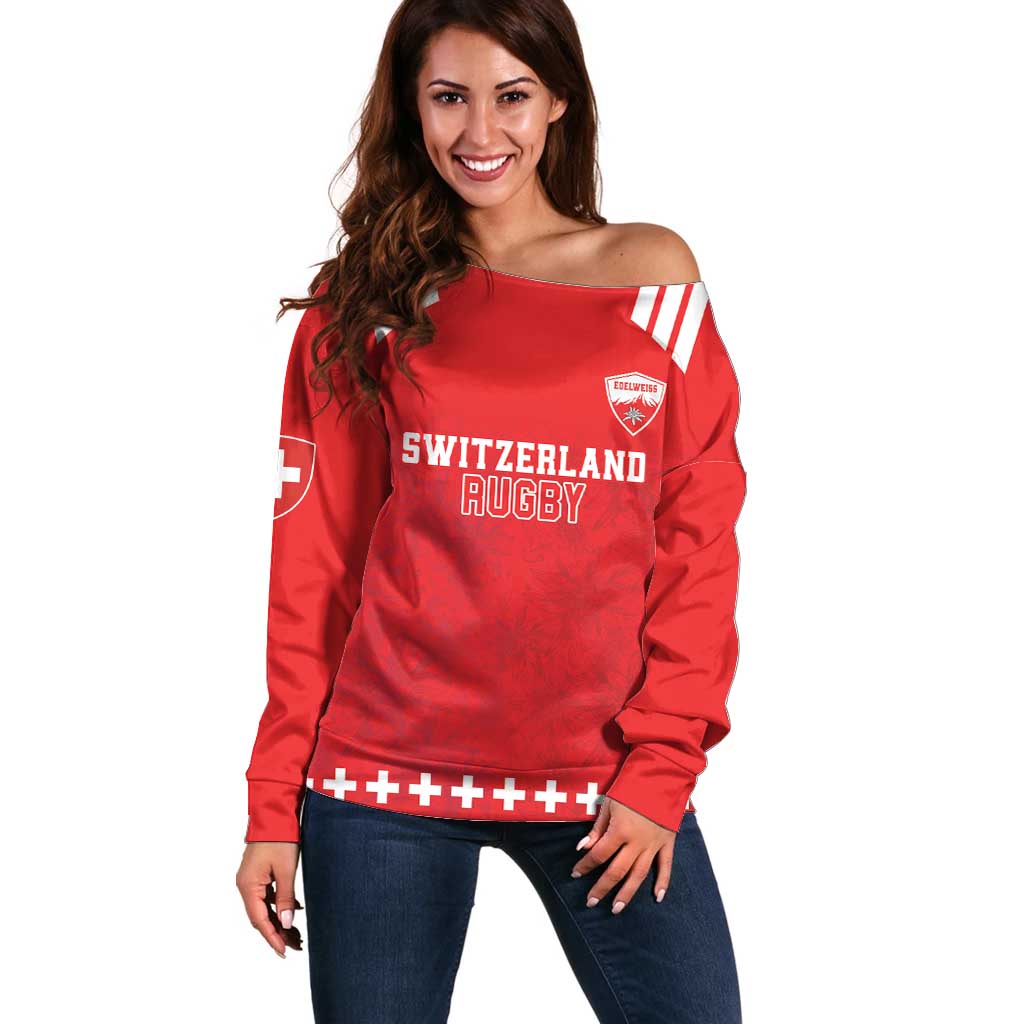 Custom Switzerland Rugby Off Shoulder Sweater Edelweis Pattern - Wonder Print Shop