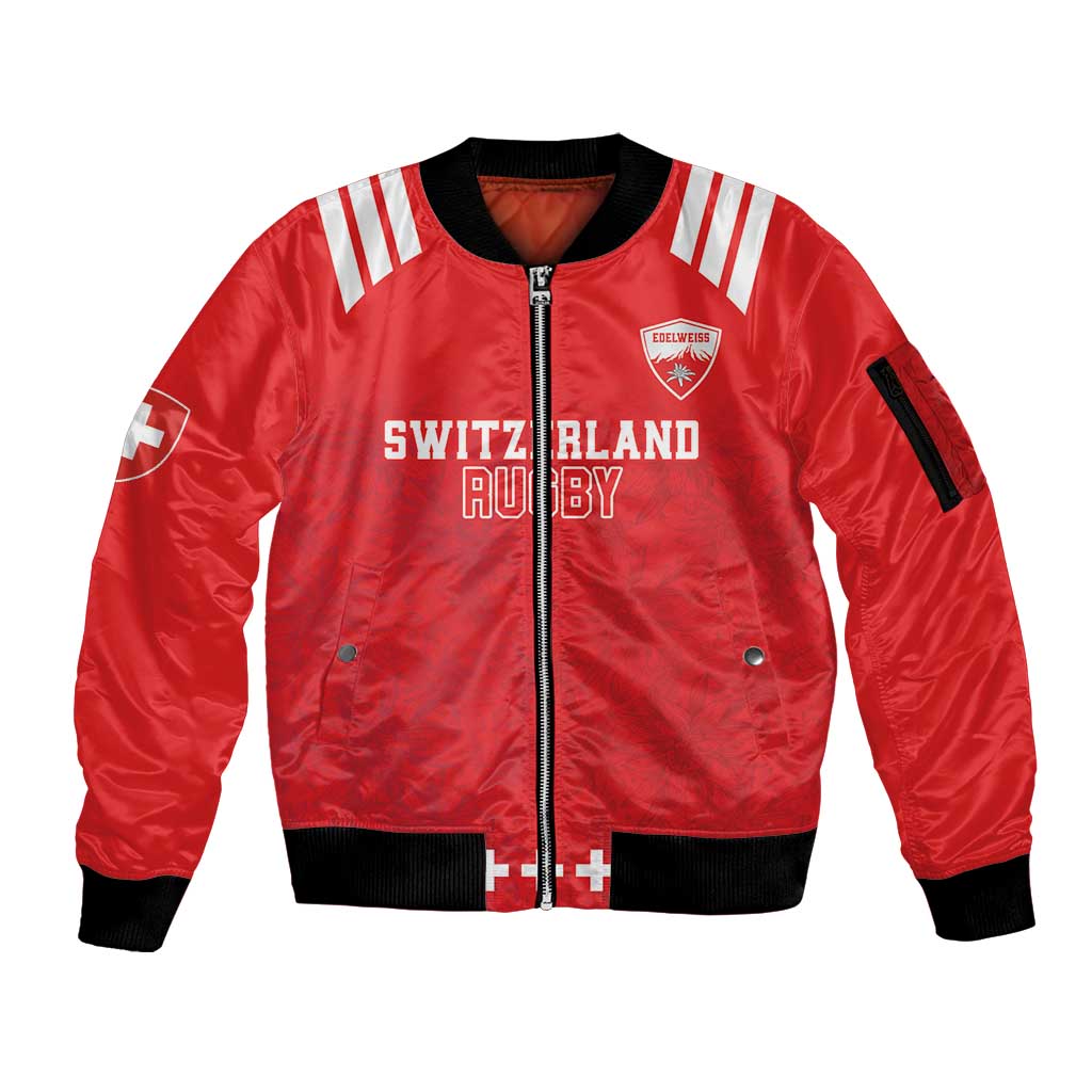 Custom Switzerland Rugby Sleeve Zip Bomber Jacket Edelweis Pattern - Wonder Print Shop