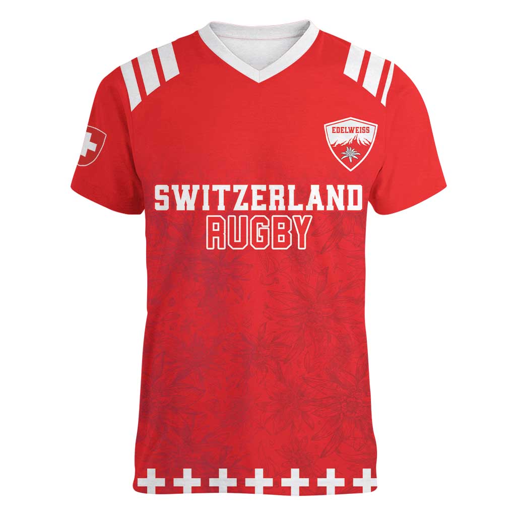 Custom Switzerland Rugby Women V-Neck T-Shirt Edelweis Pattern - Wonder Print Shop