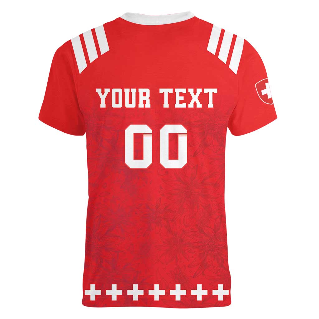 Custom Switzerland Rugby Women V-Neck T-Shirt Edelweis Pattern - Wonder Print Shop