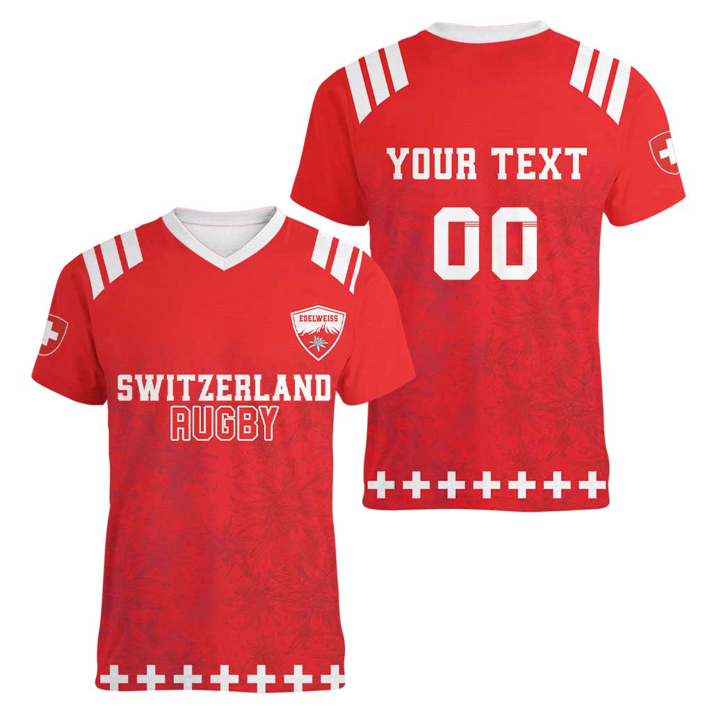 Custom Switzerland Rugby Women V-Neck T-Shirt Edelweis Pattern - Wonder Print Shop