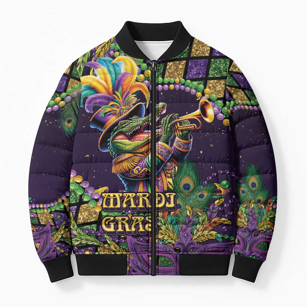 Mardi Gras Alligator Bomber Puffer Jacket Let the Gator Jazz Roll - Wonder Print Shop