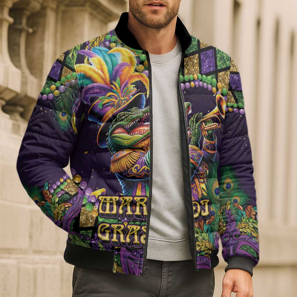 Mardi Gras Alligator Bomber Puffer Jacket Let the Gator Jazz Roll - Wonder Print Shop