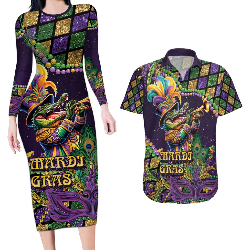 Mardi Gras Alligator Couples Matching Long Sleeve Bodycon Dress and Hawaiian Shirt Let the Gator Jazz Roll - Wonder Print Shop