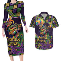 Mardi Gras Alligator Couples Matching Long Sleeve Bodycon Dress and Hawaiian Shirt Let the Gator Jazz Roll - Wonder Print Shop