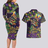 Mardi Gras Alligator Couples Matching Long Sleeve Bodycon Dress and Hawaiian Shirt Let the Gator Jazz Roll - Wonder Print Shop