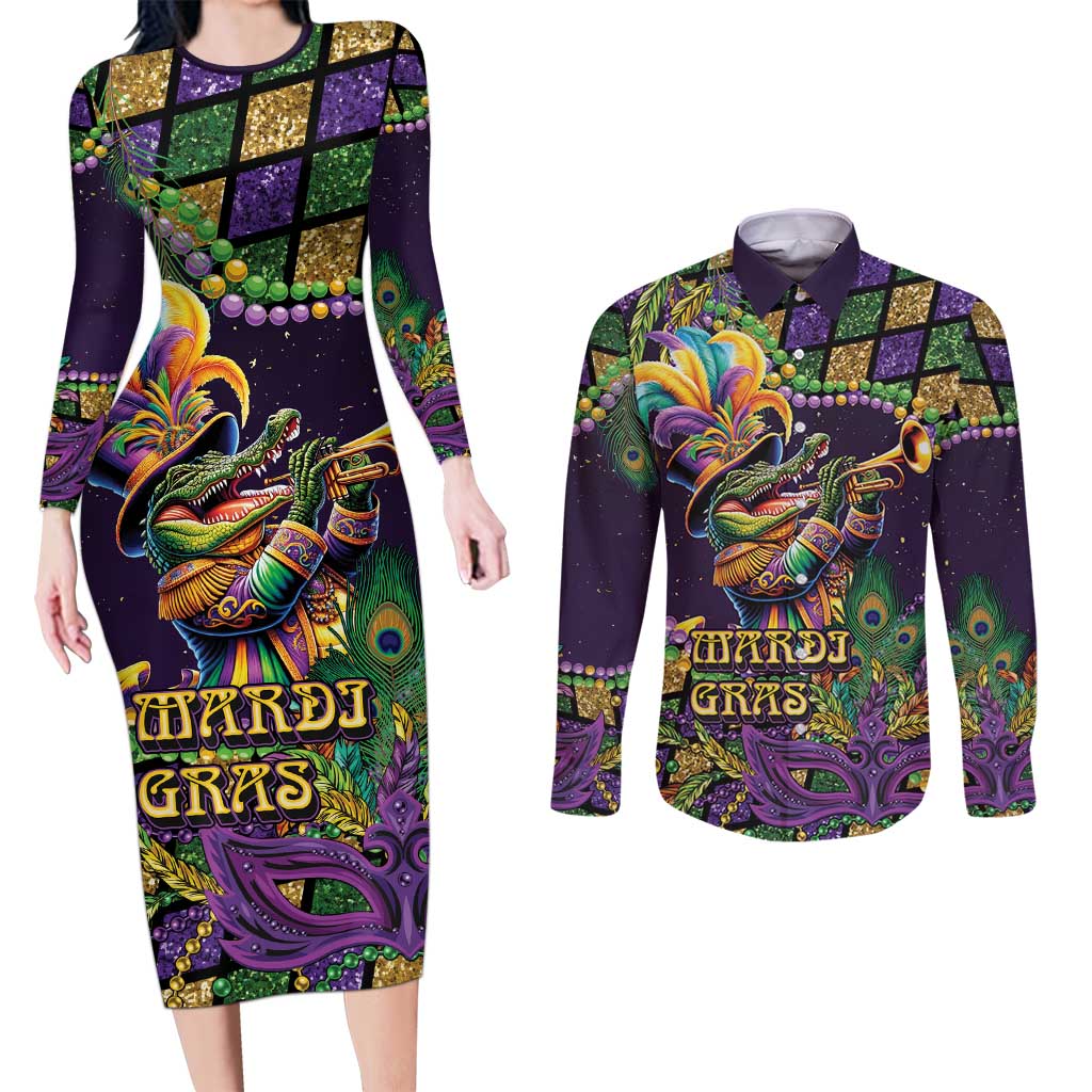 Mardi Gras Alligator Couples Matching Long Sleeve Bodycon Dress and Long Sleeve Button Shirt Let the Gator Jazz Roll - Wonder Print Shop