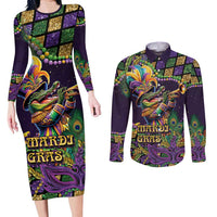 Mardi Gras Alligator Couples Matching Long Sleeve Bodycon Dress and Long Sleeve Button Shirt Let the Gator Jazz Roll - Wonder Print Shop