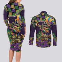 Mardi Gras Alligator Couples Matching Long Sleeve Bodycon Dress and Long Sleeve Button Shirt Let the Gator Jazz Roll - Wonder Print Shop