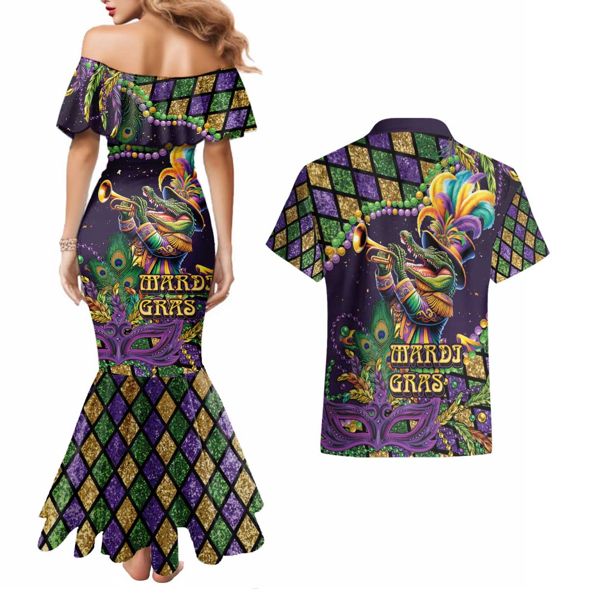 Mardi Gras Alligator Couples Matching Mermaid Dress and Hawaiian Shirt Let the Gator Jazz Roll - Wonder Print Shop