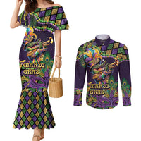Mardi Gras Alligator Couples Matching Mermaid Dress and Long Sleeve Button Shirt Let the Gator Jazz Roll - Wonder Print Shop