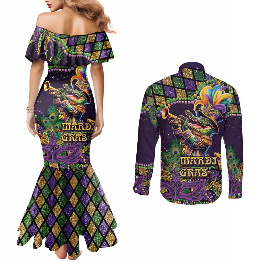 Mardi Gras Alligator Couples Matching Mermaid Dress and Long Sleeve Button Shirt Let the Gator Jazz Roll - Wonder Print Shop