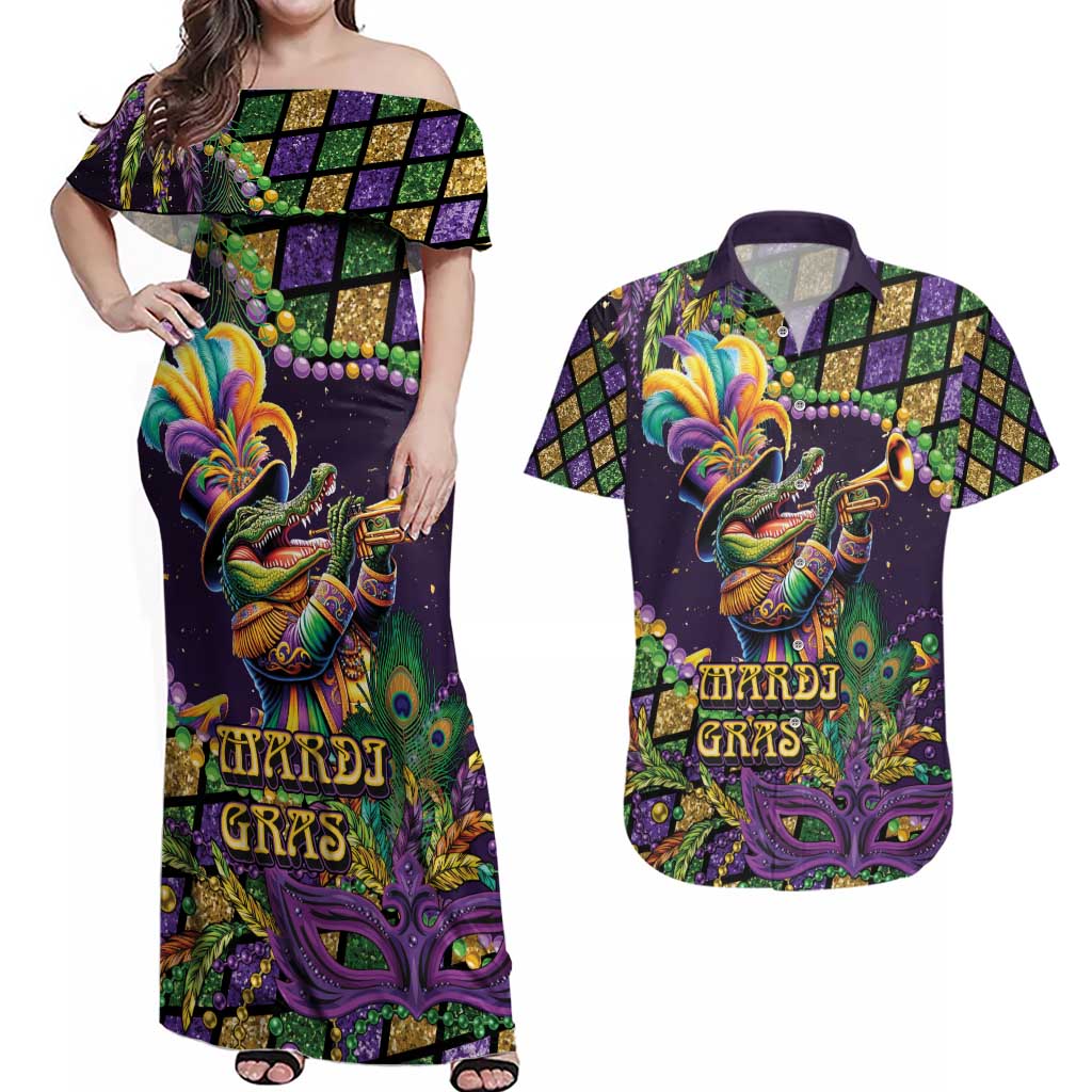 Mardi Gras Alligator Couples Matching Off Shoulder Maxi Dress and Hawaiian Shirt Let the Gator Jazz Roll - Wonder Print Shop