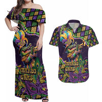Mardi Gras Alligator Couples Matching Off Shoulder Maxi Dress and Hawaiian Shirt Let the Gator Jazz Roll - Wonder Print Shop