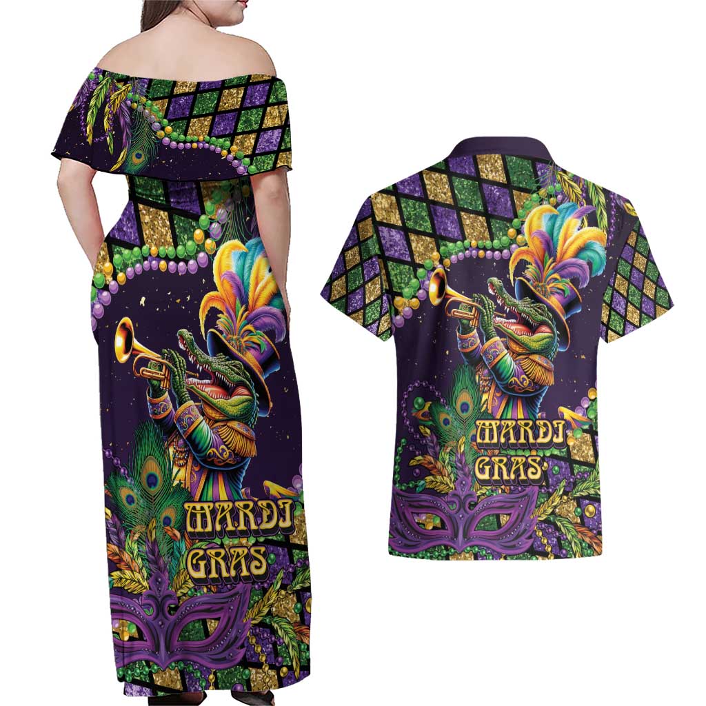 Mardi Gras Alligator Couples Matching Off Shoulder Maxi Dress and Hawaiian Shirt Let the Gator Jazz Roll - Wonder Print Shop