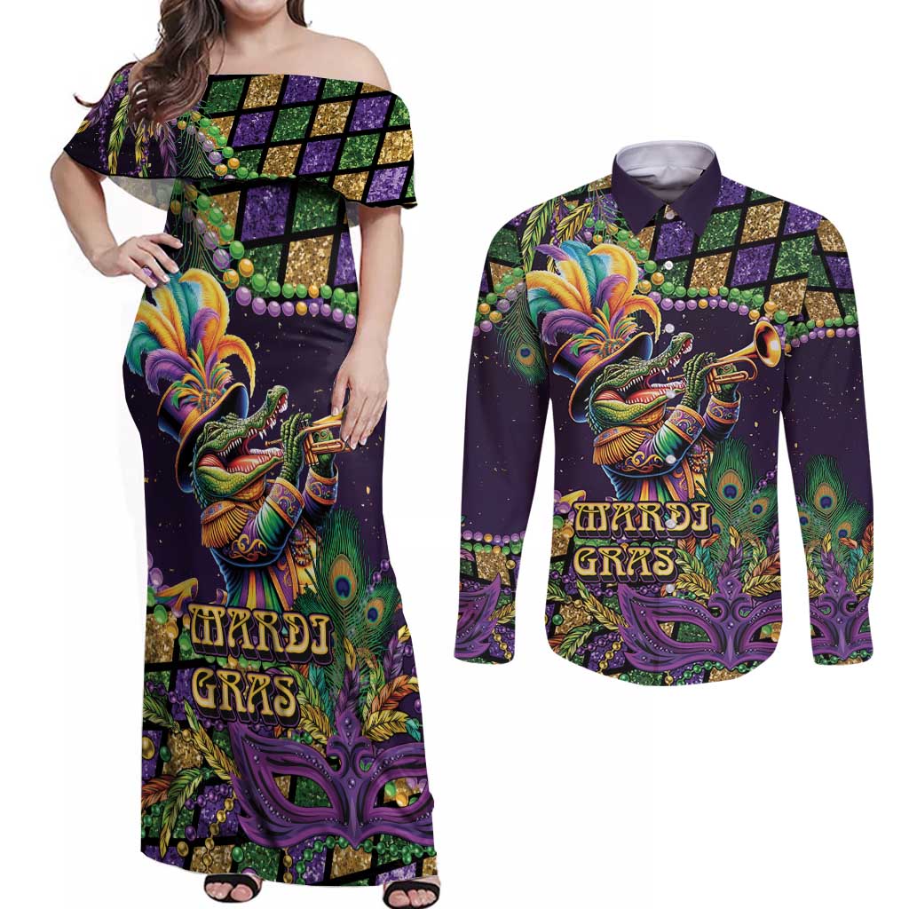 Mardi Gras Alligator Couples Matching Off Shoulder Maxi Dress and Long Sleeve Button Shirt Let the Gator Jazz Roll - Wonder Print Shop