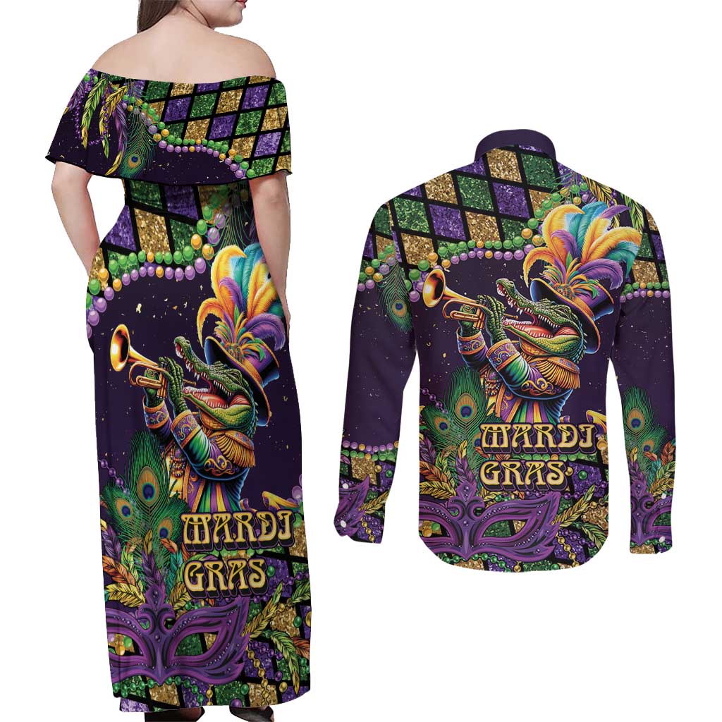 Mardi Gras Alligator Couples Matching Off Shoulder Maxi Dress and Long Sleeve Button Shirt Let the Gator Jazz Roll - Wonder Print Shop