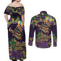 Mardi Gras Alligator Couples Matching Off Shoulder Maxi Dress and Long Sleeve Button Shirt Let the Gator Jazz Roll - Wonder Print Shop