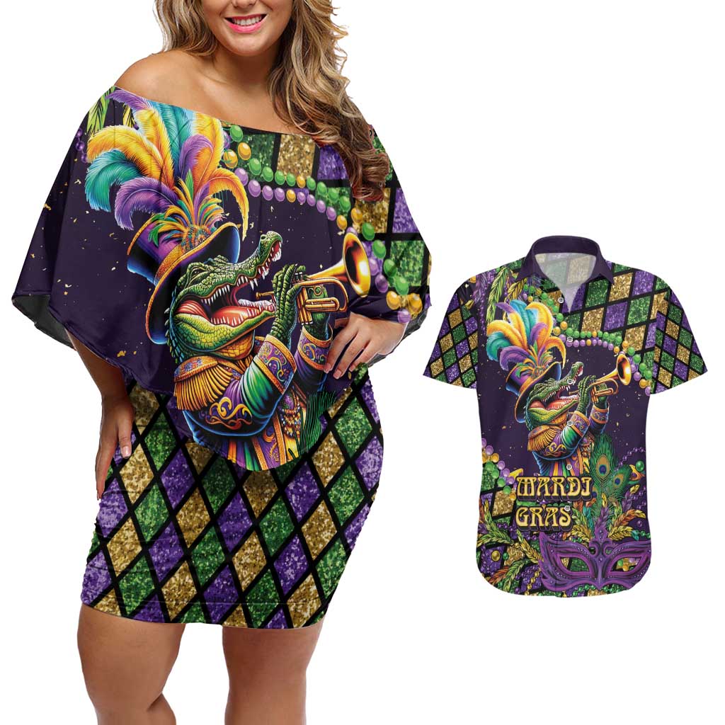 Mardi Gras Alligator Couples Matching Off Shoulder Short Dress and Hawaiian Shirt Let the Gator Jazz Roll - Wonder Print Shop