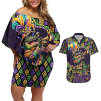 Mardi Gras Alligator Couples Matching Off Shoulder Short Dress and Hawaiian Shirt Let the Gator Jazz Roll - Wonder Print Shop