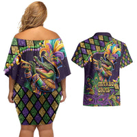 Mardi Gras Alligator Couples Matching Off Shoulder Short Dress and Hawaiian Shirt Let the Gator Jazz Roll - Wonder Print Shop