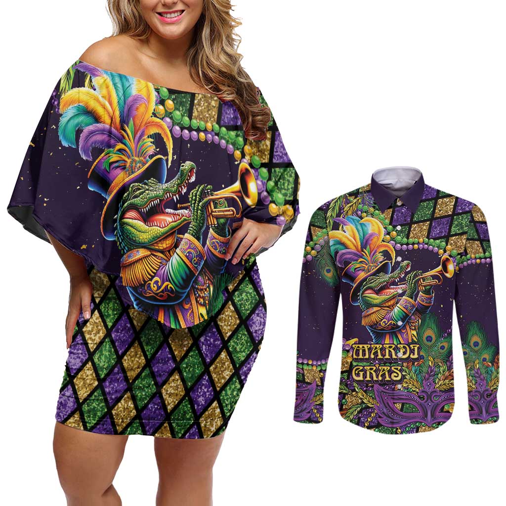 Mardi Gras Alligator Couples Matching Off Shoulder Short Dress and Long Sleeve Button Shirt Let the Gator Jazz Roll - Wonder Print Shop