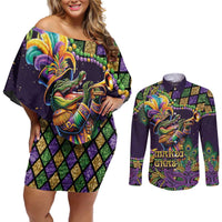 Mardi Gras Alligator Couples Matching Off Shoulder Short Dress and Long Sleeve Button Shirt Let the Gator Jazz Roll - Wonder Print Shop