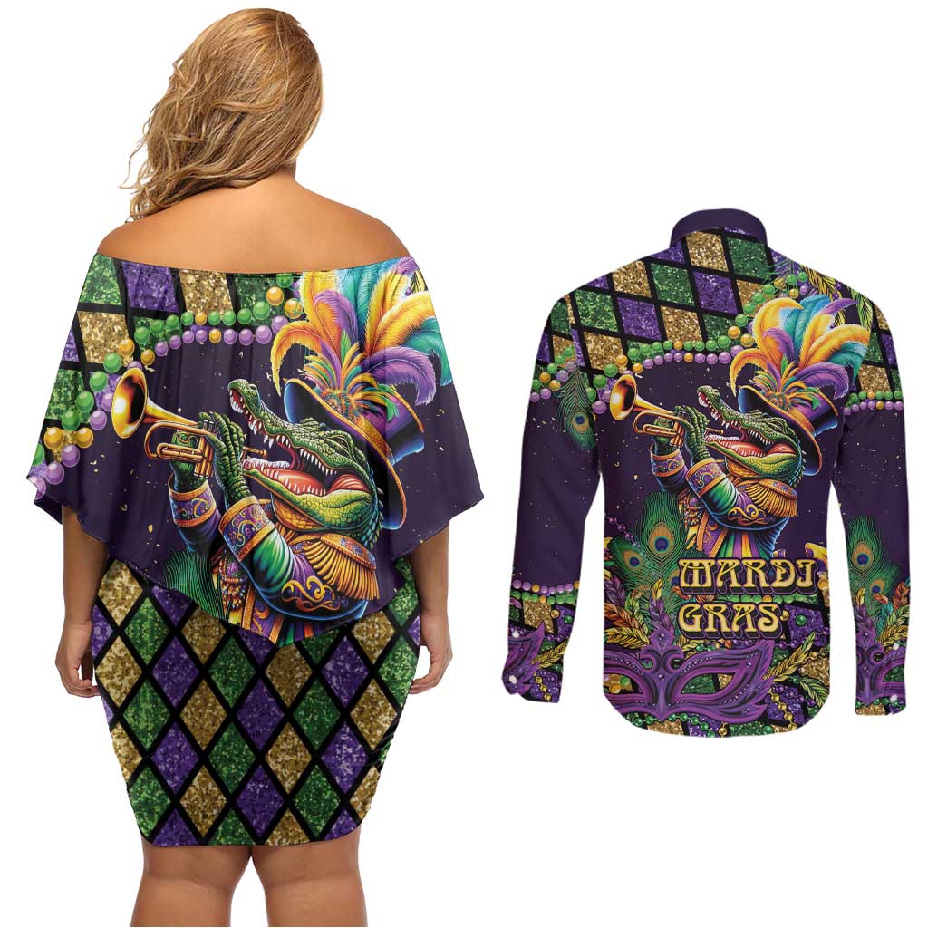 Mardi Gras Alligator Couples Matching Off Shoulder Short Dress and Long Sleeve Button Shirt Let the Gator Jazz Roll - Wonder Print Shop