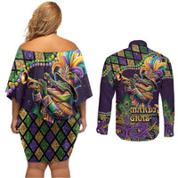Mardi Gras Alligator Couples Matching Off Shoulder Short Dress and Long Sleeve Button Shirt Let the Gator Jazz Roll - Wonder Print Shop