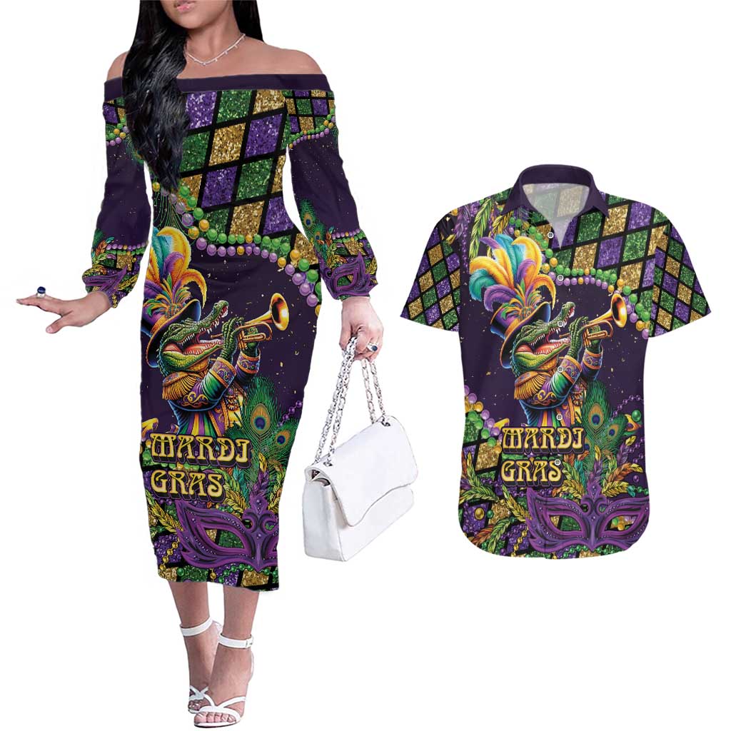 Mardi Gras Alligator Couples Matching Off The Shoulder Long Sleeve Dress and Hawaiian Shirt Let the Gator Jazz Roll - Wonder Print Shop