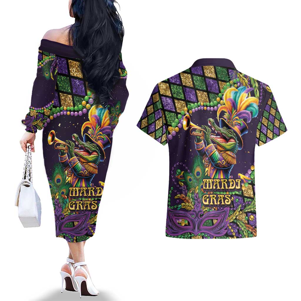 Mardi Gras Alligator Couples Matching Off The Shoulder Long Sleeve Dress and Hawaiian Shirt Let the Gator Jazz Roll - Wonder Print Shop