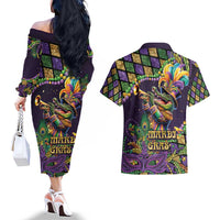 Mardi Gras Alligator Couples Matching Off The Shoulder Long Sleeve Dress and Hawaiian Shirt Let the Gator Jazz Roll - Wonder Print Shop