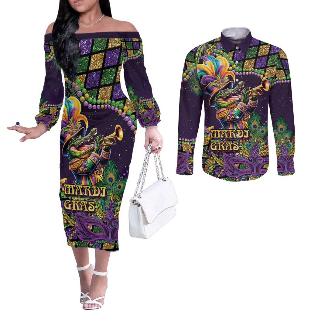 Mardi Gras Alligator Couples Matching Off The Shoulder Long Sleeve Dress and Long Sleeve Button Shirt Let the Gator Jazz Roll - Wonder Print Shop