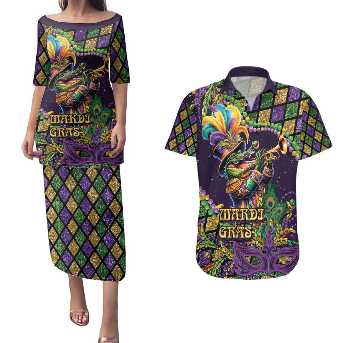 Mardi Gras Alligator Couples Matching Puletasi and Hawaiian Shirt Let the Gator Jazz Roll - Wonder Print Shop