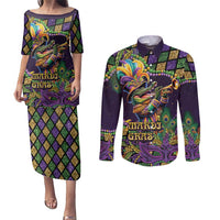 Mardi Gras Alligator Couples Matching Puletasi and Long Sleeve Button Shirt Let the Gator Jazz Roll - Wonder Print Shop