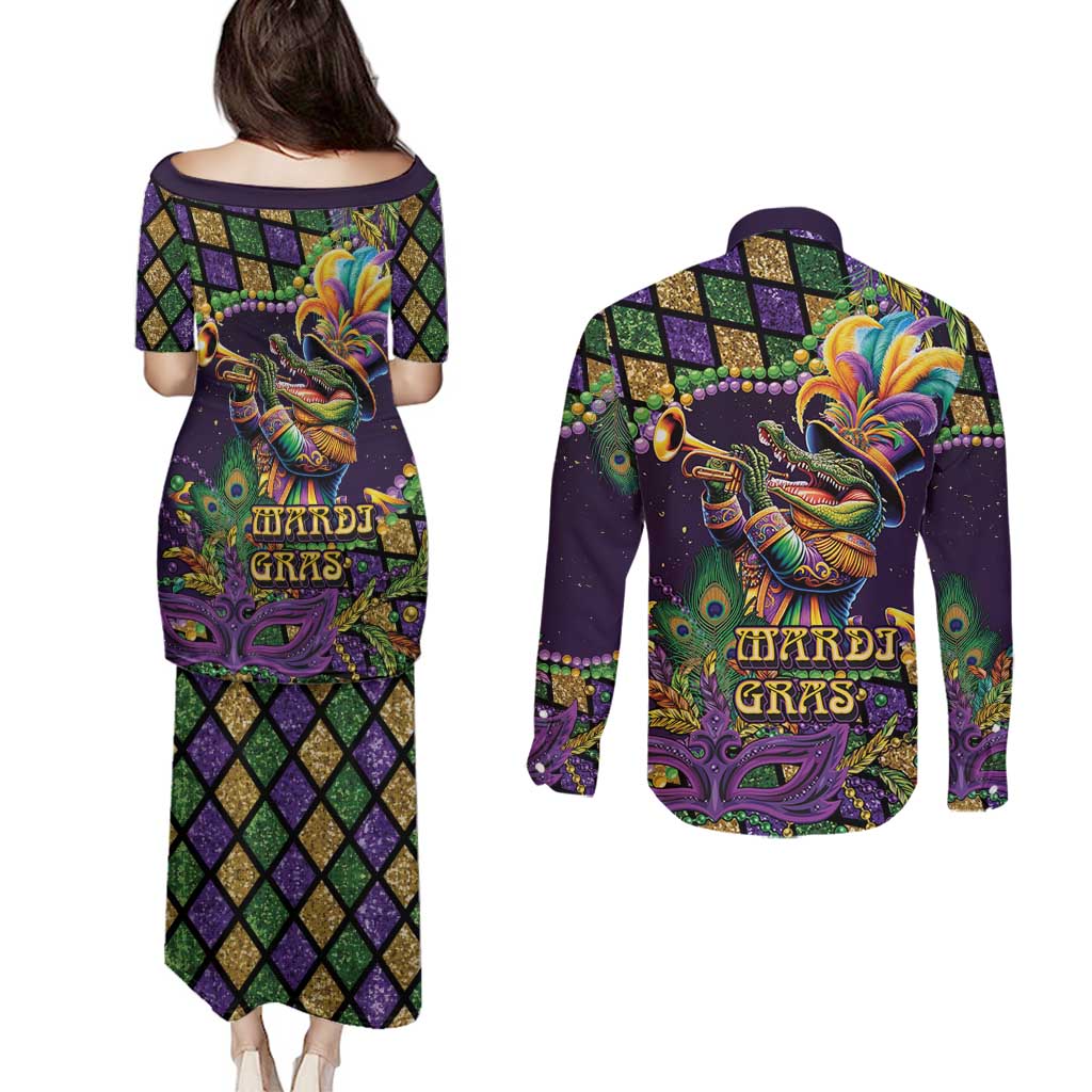 Mardi Gras Alligator Couples Matching Puletasi and Long Sleeve Button Shirt Let the Gator Jazz Roll - Wonder Print Shop
