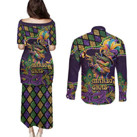 Mardi Gras Alligator Couples Matching Puletasi and Long Sleeve Button Shirt Let the Gator Jazz Roll - Wonder Print Shop