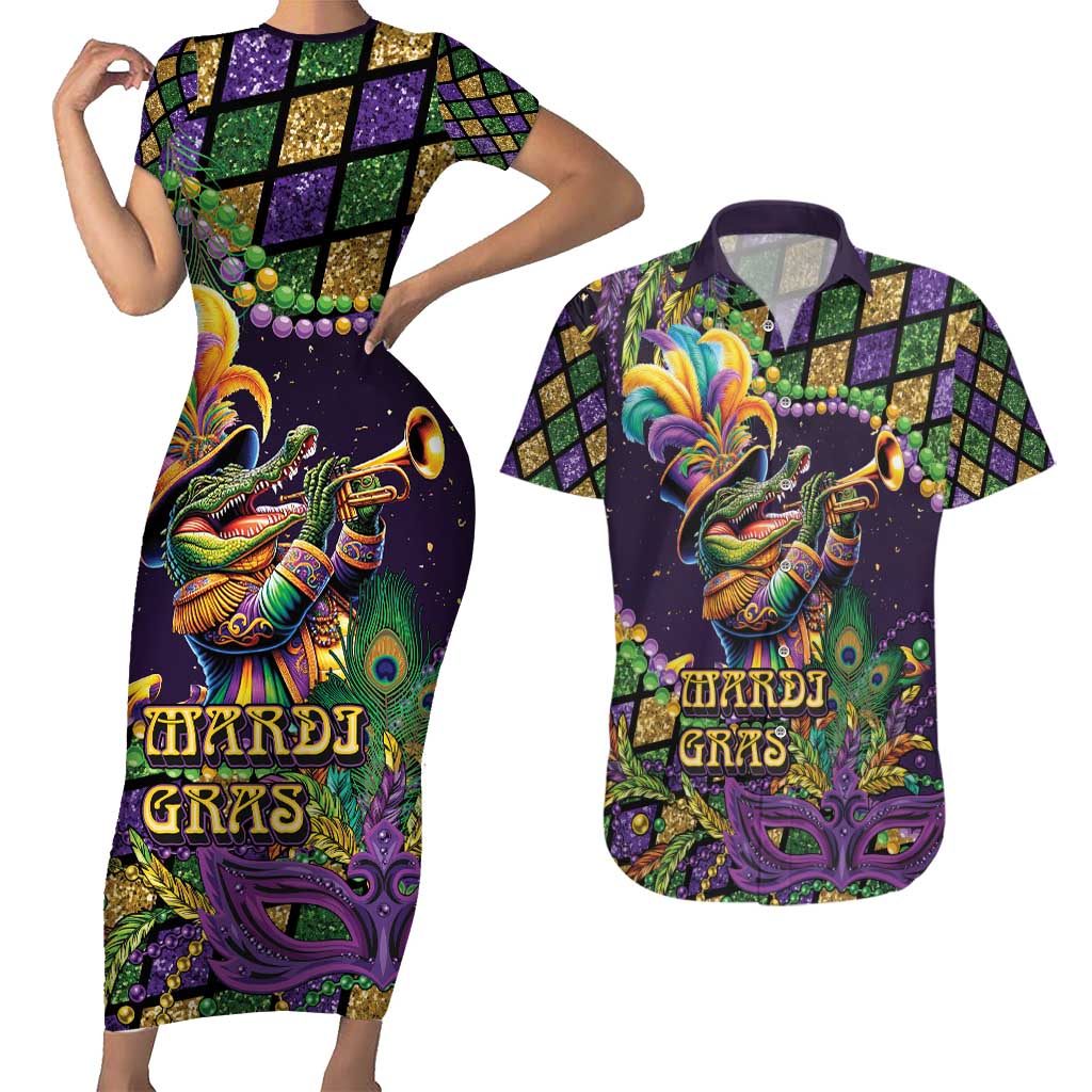 Mardi Gras Alligator Couples Matching Short Sleeve Bodycon Dress and Hawaiian Shirt Let the Gator Jazz Roll - Wonder Print Shop