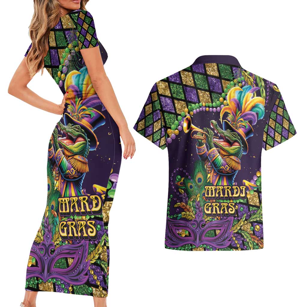 Mardi Gras Alligator Couples Matching Short Sleeve Bodycon Dress and Hawaiian Shirt Let the Gator Jazz Roll - Wonder Print Shop