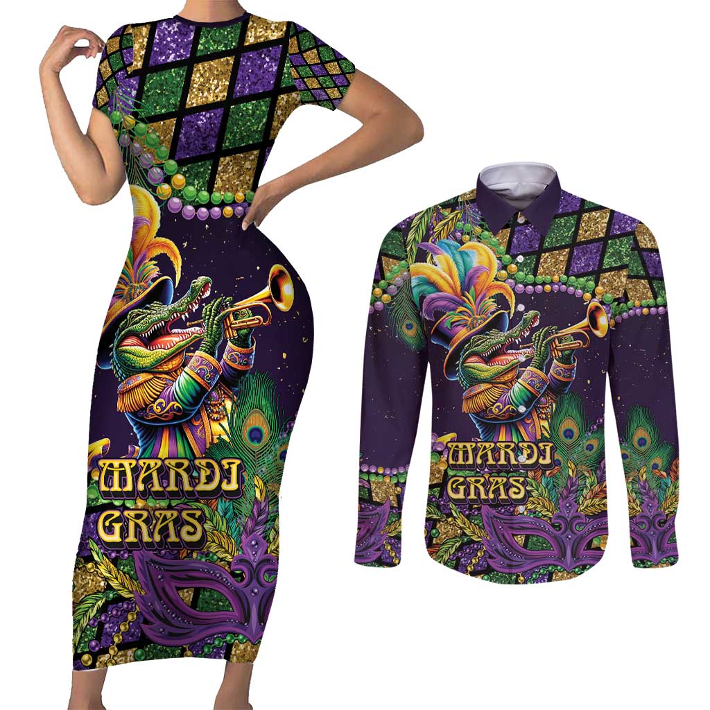 Mardi Gras Alligator Couples Matching Short Sleeve Bodycon Dress and Long Sleeve Button Shirt Let the Gator Jazz Roll - Wonder Print Shop