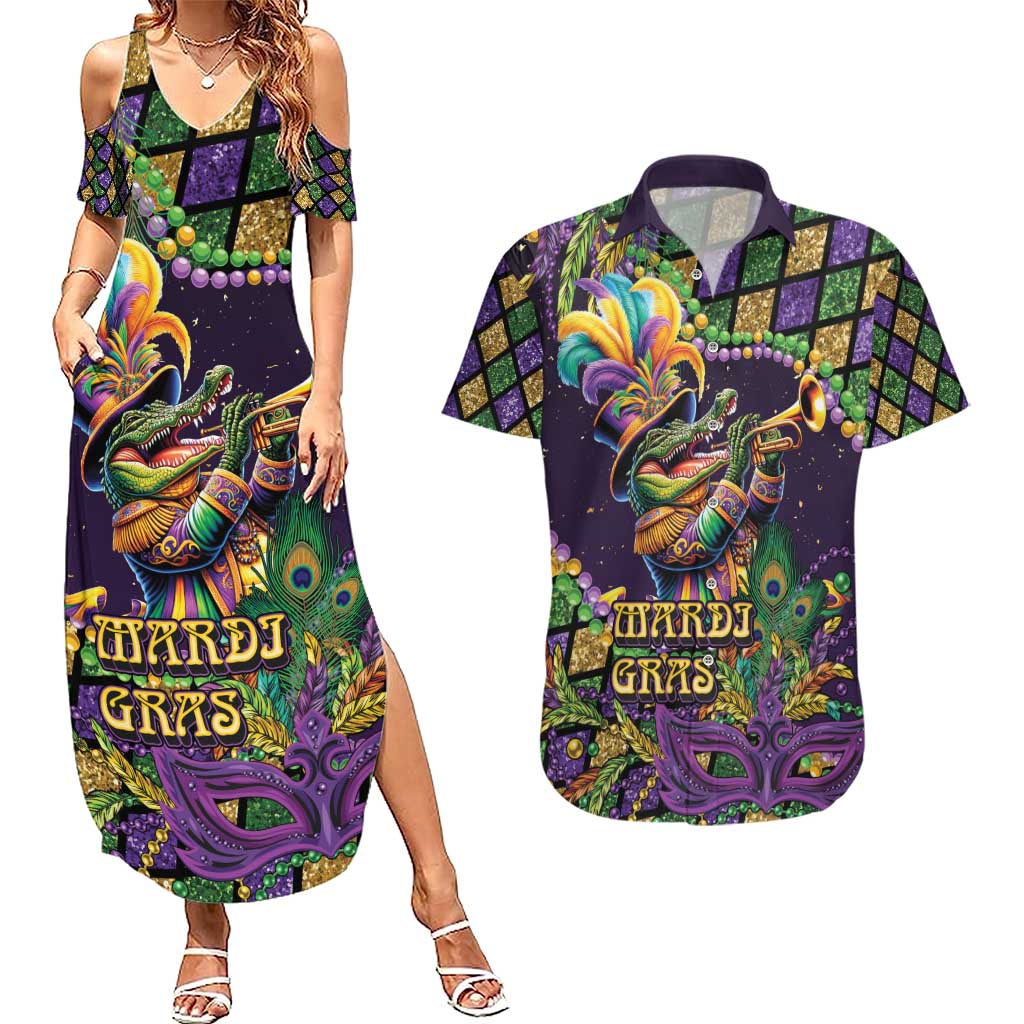 Mardi Gras Alligator Couples Matching Summer Maxi Dress and Hawaiian Shirt Let the Gator Jazz Roll - Wonder Print Shop