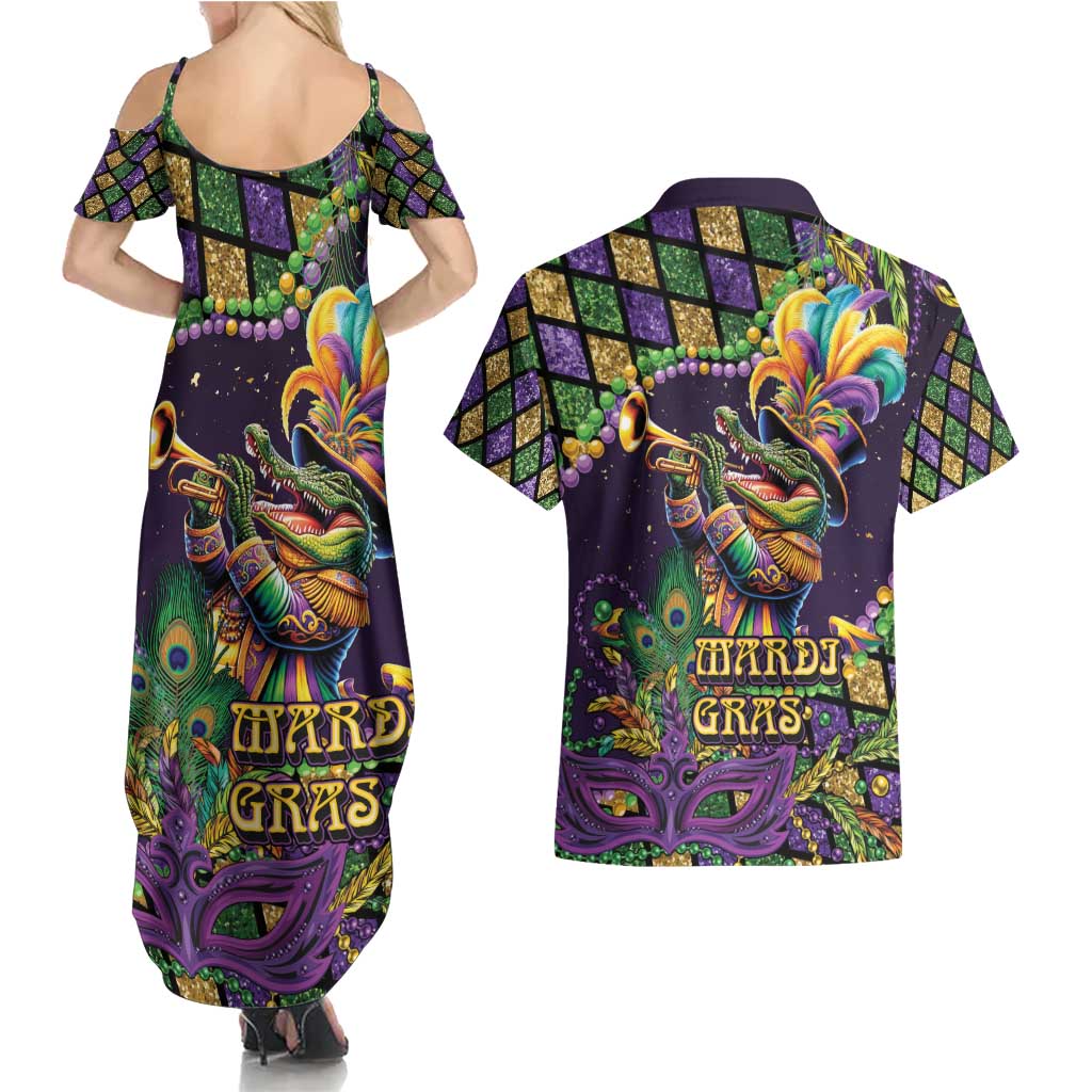 Mardi Gras Alligator Couples Matching Summer Maxi Dress and Hawaiian Shirt Let the Gator Jazz Roll - Wonder Print Shop