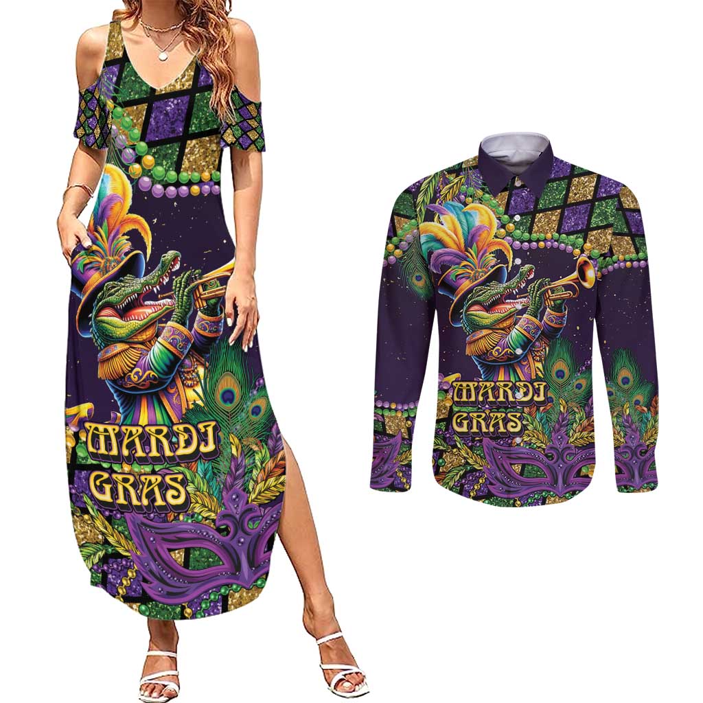 Mardi Gras Alligator Couples Matching Summer Maxi Dress and Long Sleeve Button Shirt Let the Gator Jazz Roll - Wonder Print Shop